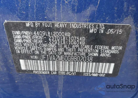 2016 Subaru Wrx Sti z USA, uszkodzony, nr VIN JF1VA2M60G9802038